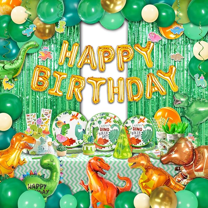 258 pcs Dinosaur Birthday Party Decorations For Boy,20 Tableware Sets,Fringe Curtains,20 Paper Plates, Paper Cups, Green Dinosaur Balloon Arch Kit
