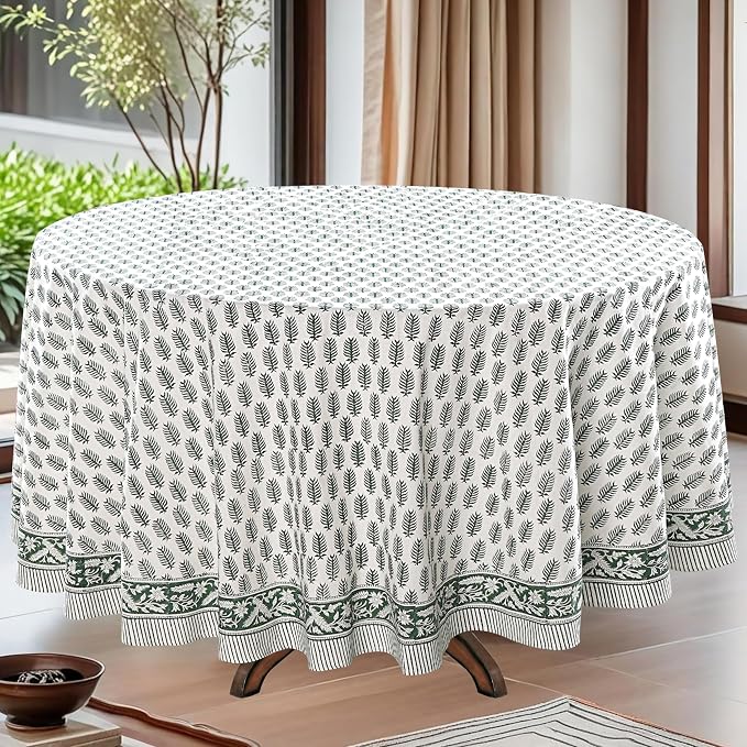 Ridhi Round Tablecloth Hand Block Print 100% Cotton Reusable Emerald Green 110 Inch Table Cover Decorative Everyday Use for Dining, Home, Party, Wedding, Farmhouse, Party Gift for Spring, Mother's Day