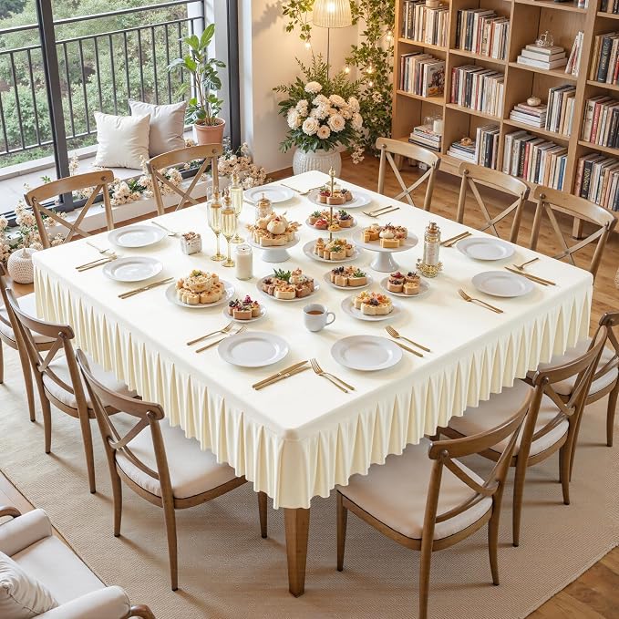 Shillance 60x60 Inch Ivory Spandex Square Tablecloth,Wrinkle Free Ivory Fitted Table Cloth for Square Tables,Washable Pleated Table Cover for Wedding Birthday Cocktail Party Buffet Dinner Camping