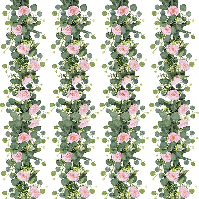 TOCHGREEN 2 Pack 13Ft Artificial Eucalyptus Flower Garland with Pink Roses, Fake Rose Flower Greenery Garland Floral Vines for Wedding Home Party Table Runner Decor (4PCS, Pink)