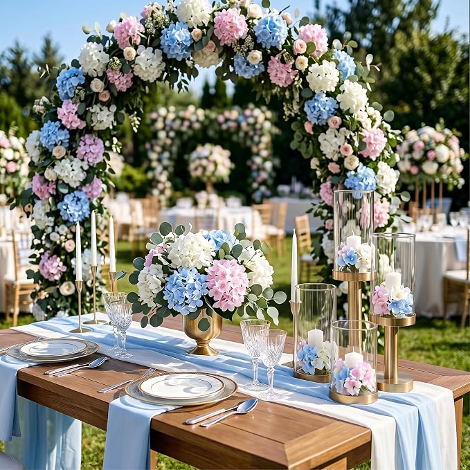 Auihiay 64Pcs Hydrangea Artificial Flowers Bulk, Faux Hydrangea Flowers Heads with Stems for Engagement Baby Shower Wedding Arch Birthday Anniversary Bridal Shower(Mixed Color)