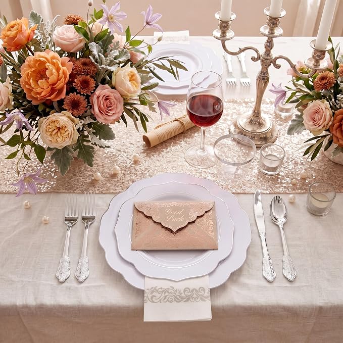 NOCCUR 175pcs Silver Plastic Plates - Silver Rim Plastic Tableware Include 25 Dinner/Dessert Plates, 25 Forks, 25 Knives, 25 Spoons for Wedding/Party