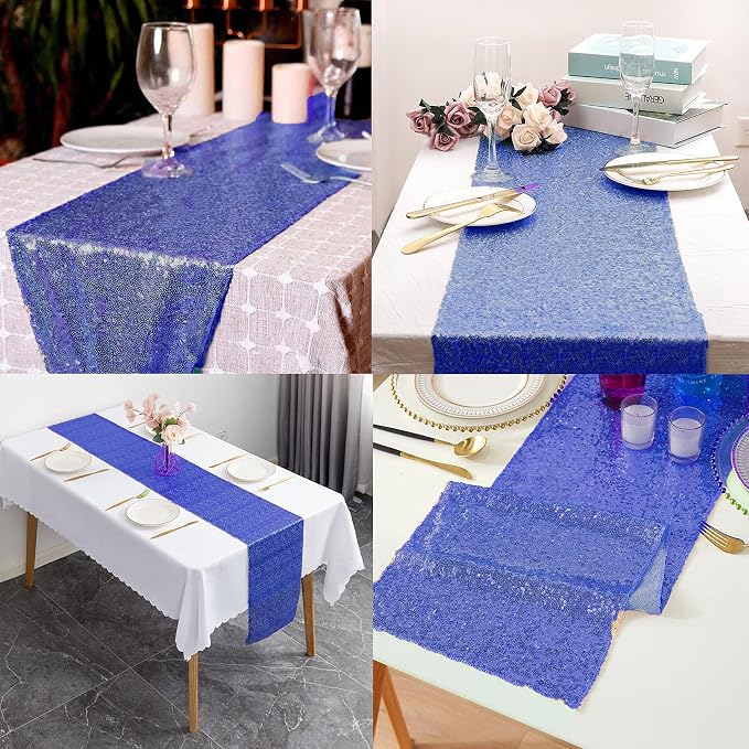12 Packs 12 X 72 Inch Sequin Table Runner Glitter Dining Table Runner for Birthday Wedding Engagement Bridal Baby Shower Bachelorette Holiday Celebration Party Supplies Decorations (Royal Blue)