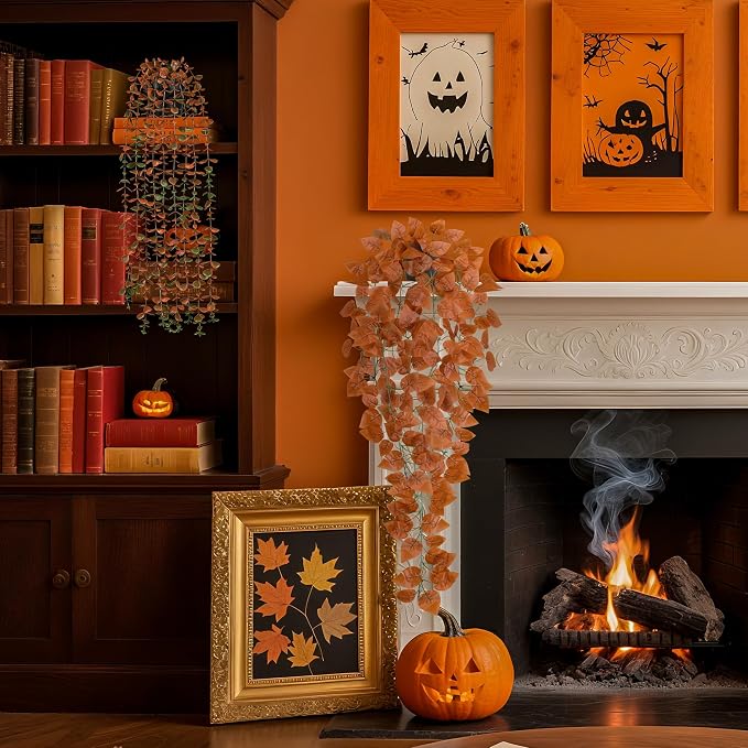 Der Rose 2Pcs Fake Fall Hanging Plants for Home Bathroom Wall Outdoor Decor | Orange eucalyptus vines for warm autumn decor accents, fall porch, patio, bathroom, kitchen wall and home entryway decor