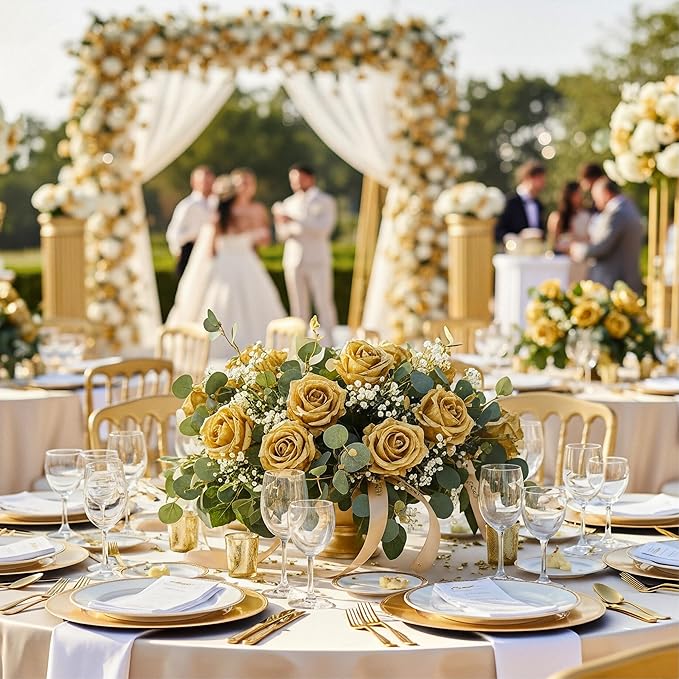 Auihiay 104PCS Gold Rose Artificial Flowers, Fake Roses, Lifelike Gold Roses Banquet for Wedding Centerpieces, Bridal Shower Bouquets, Home Decor, Mother's Day, Birthday, Valentine's Day Decoration