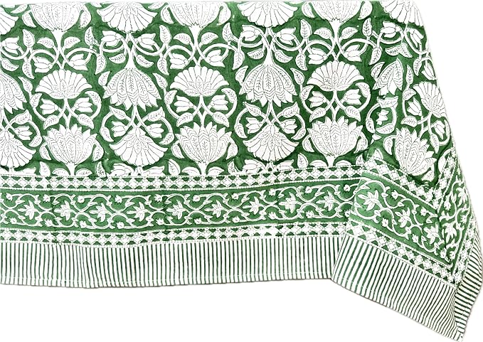 ATOSII Meadow Green100% Cotton Fall Tablecloth, Handblock Print Rectangle Table Cover for Kitchen Dining Linen I Parties, Weddings, Outdoors, Easter Table Cloth Decor 60 X 108 Inches I 8 Seater