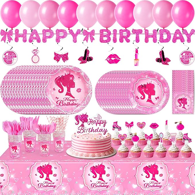 Pink Girls Birthday Party Decorations & Tableware Set | 257Pcs Serves 24 Guests, Includes Plates Cups Napkins Utensils Straws Tablecloth Cake Toppers Banner Hanging Swirls & Balloons (Pink Girls)