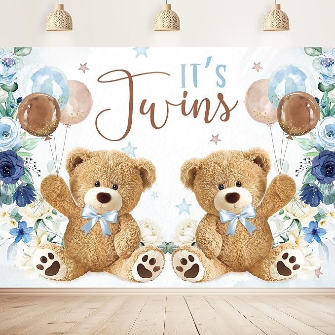 Twin Bear Boys Baby Shower Backdrop 7Wx5H Feet It's Twins Boy Navy Blue Floral Brown Balloon Newborn Polyester Fabric Cute Lovely Photography Backgrounds Photo Shoot Decor Props Decoration
