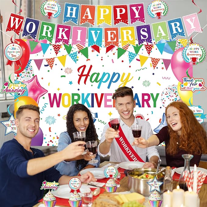 DARUNAXY Happy Workiversary Party Decorations for Men Women, Colorful Happy Work Anniversary Banner Cake Topper Hanging Swirl Confetti Balloons Decor Set for Employee Office Party Supplies(31PC)
