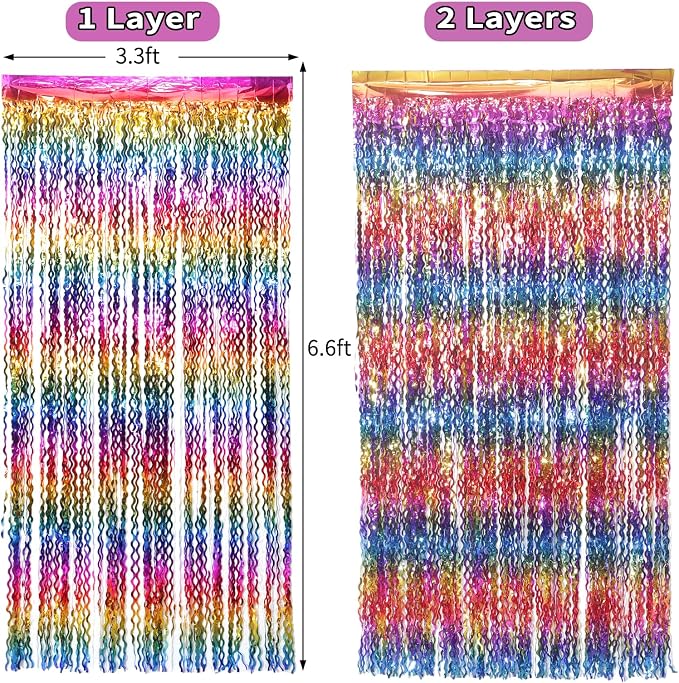 4 Pack Wavy Rainbow Foil Fringe Curtain | 3.3x6.6ft Colorful Tinsel Metallic Streamers Holiday Photo Booth Props Backdrop for Engagement Bridal Shower Unicorn Party Decorations