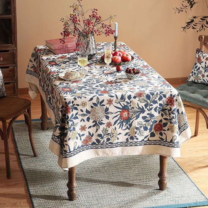 patdrea Vintage French Linen Tablecloth,Rectangular,118"x67"-Ivar A | Elegant Colorful Long Table Cloth for Rectangle Table,Blue and White Floral Patterned,Dining Room Tea Party Thanksgiving