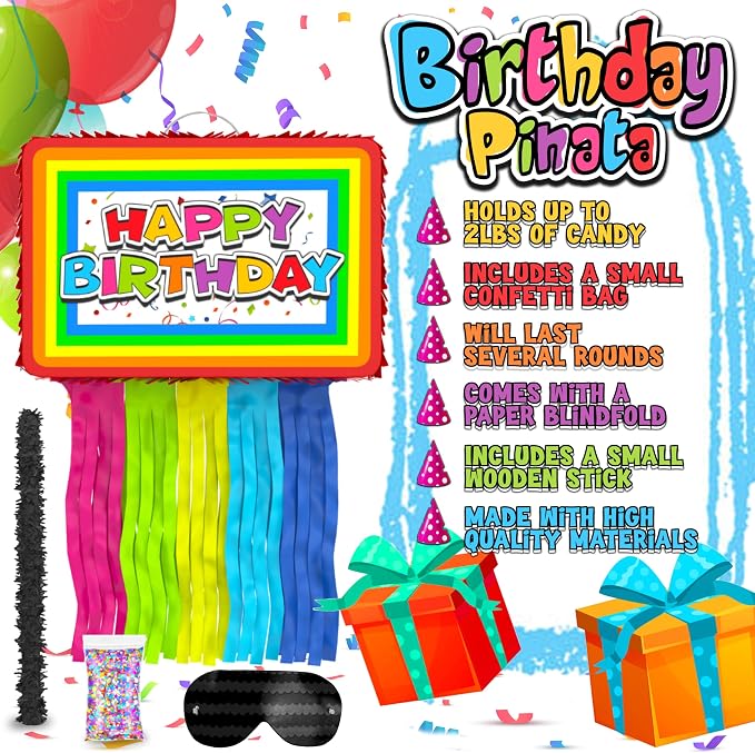 Jergrim Birthday Piñata 4-Piece Set great for Boy, Girl, and Adult party. Happy Birthday Decorations, fun & unique style, fits candy party favors (16”X11”) Durable!