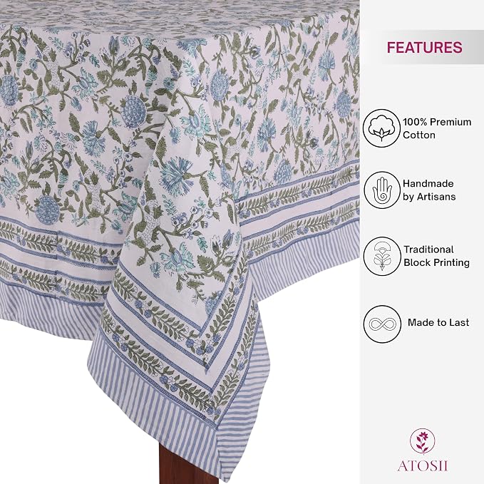 ATOSII Mahoka Blue 100% Cotton Fall Tablecloth, Handblock Floral Linen Table Cloth for Kitchen Dining Table I Parties Weddings Outdoors Easter Valentine's Gift I 60 X 108 Inches I 8 Seater