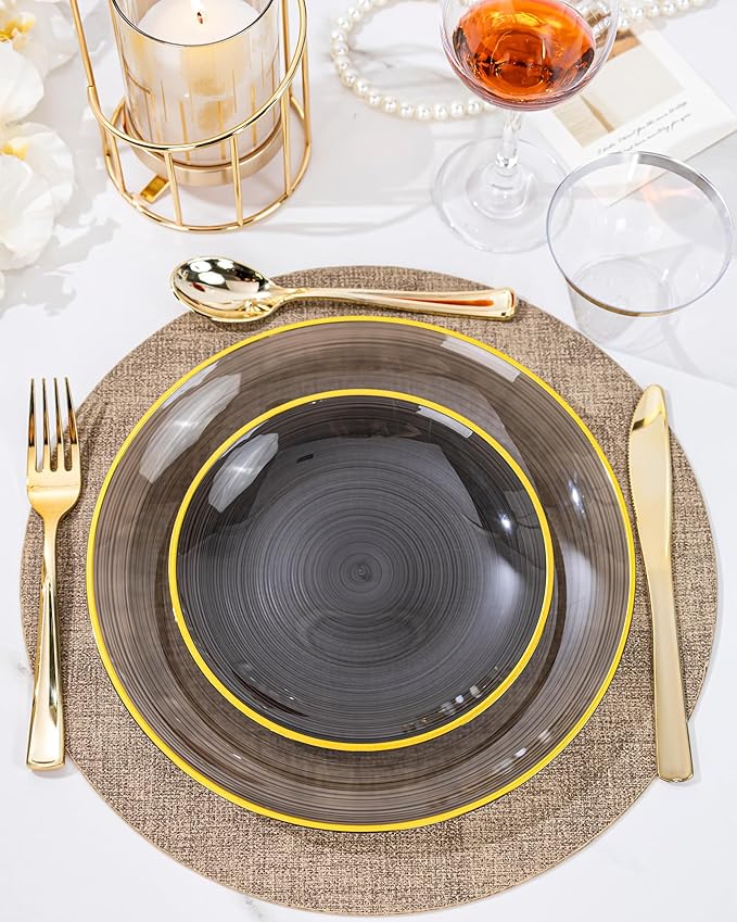 Morejoy 60Pcs Black Plastic Plates,Black Disposable Plates With Gold Rim,Heavy-duty Gold plate, Modern swirl design Plate Include 30 Dessert-plates,30Dinner-plates for Party,New Year
