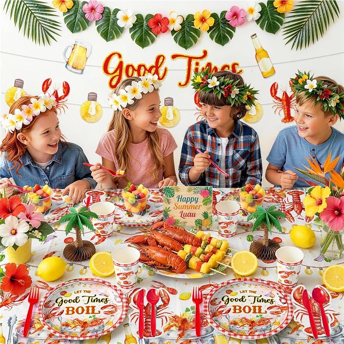 170PCS Crawfish Boil Party Decorations Crayfish Crab Seafood Shrimp Theme Party Supplies Watercolor Lobster Plates Cups Napkins Tableware for Summer BBQ Picnic 24 Guests