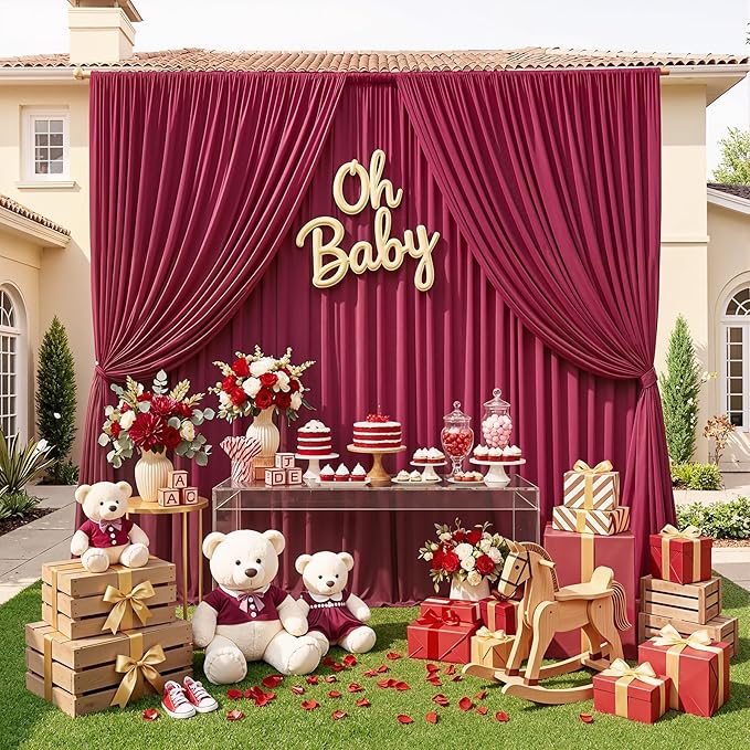 10ft x 10ft Wrinkle Free Maroon Backdrop Curtains for Parties, 2 Panels Silky Polyester Photo Backdrop Drapes for Wedding Birthday Christmas Photography Background Stand
