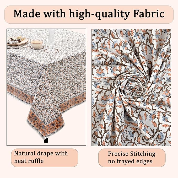 Ridhi Block Print Brown Meadow Vine Rectangle Cotton Tablecloth 108" x 60" Reusable Table Cover Decorative Everyday Use for Dining, Farmhouse, Home Gift for Spring, Easter, Valentine