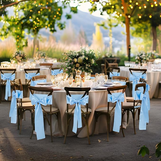 10 Pcs Light Blue Satin Chair Sashes Bows Universal Chair Cover for Wedding Reception Events Banquets Party, Hotel Event Decorations, 6 x 108 inch