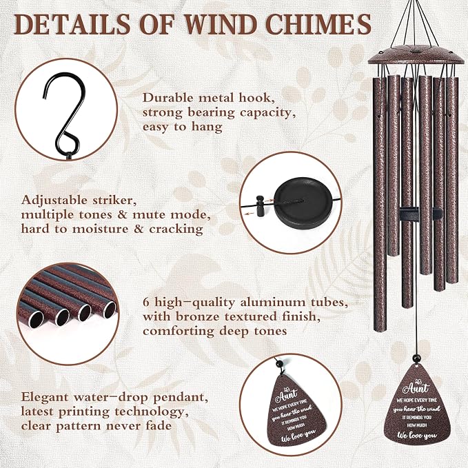 Aunt Gifts, 32" Bronze Wind Chimes, Birthday Gifts for Auntie from Niece Nephew, Auntie Gift Ideas, Best Aunt Ever Gift for Women Birthday Christmas Mother's Day, Home Decor