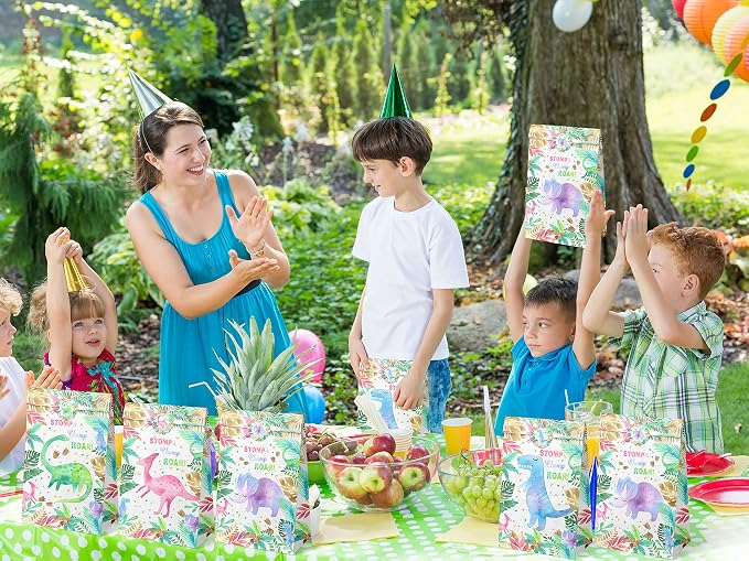 24 Pack Girl Dinosaur Party Favor Bags with Stickers - Pink Watercolor Dino Goodie Bags for Girls Birthday - Stomp Chomp Roar Girl Dinosaur Gift Bags for Candy, Small Toys - Dino Theme Treat Bags