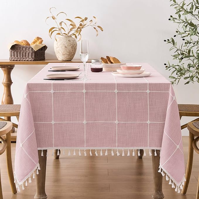 ZeeMart Boho Grid Table Cloth with Tassels (Pink, 52" x 70"), Heavy Weight Linen Checked Embroidered Farmhouse Tablecloth, Water Resistant Rectangle Pink Tablecloths