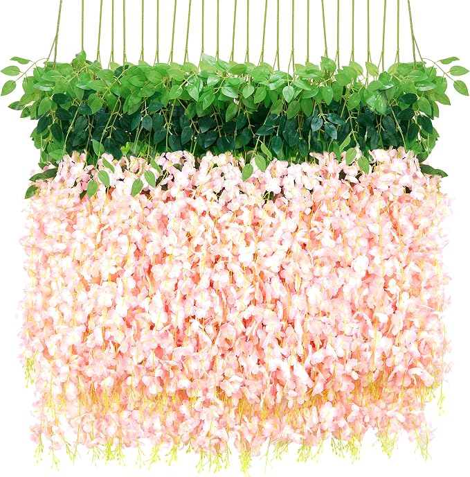BLEUM CADE 10Pcs Pink Fake Wisteria Hanging Flowers, 3.6Ft/Pcs Artificial Wisteria Garland, Hanging Flowers for Wedding Party Home Backdrop Wall Decoration