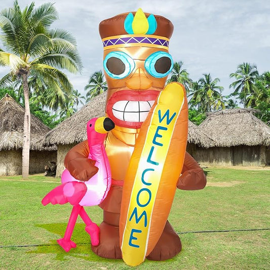 Shappy 5 ft Inflatable Tiki Flamingo Surfboard Luau Hawaiian Party Decorations Summer Inflatables Outdoor LED Lighted Tiki Blow up Beach Tropical Pool Surfing Yard Party Supplies Favors(Flamingo)