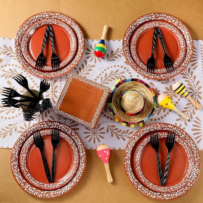 Meanplan 250 Pcs Platos De Barro Mexicanos Fiesta Paper Plates Napkins Forks Tableware Set for 50 Guests Cielito Lindo Party Decoration Mexican Terracotta Clay Pottery Themed for Birthday Wedding