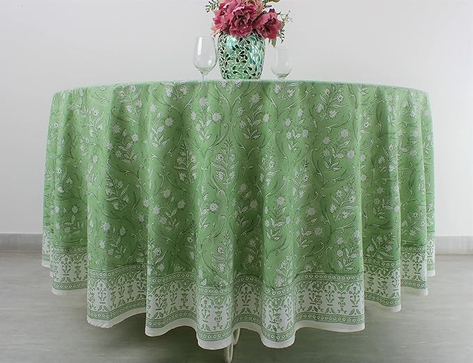 Ridhi Round Tablecloth Hand Block Print 100% Cotton Reusable Pear Green 60 Inch Table Cover Decorative Everyday Use for Dining, Home, Party, Wedding, Farmhouse, Party Gift for Spring, Mother's Day