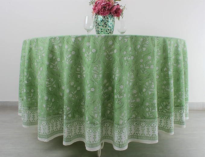 Ridhi Round Tablecloth Hand Block Print 100% Cotton Reusable Pear Green 110 Inch Table Cover Decorative Everyday Use for Dining, Home, Party, Wedding, Farmhouse, Party Gift for Spring, Mother's Day