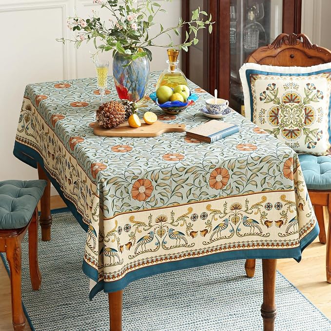 patdrea Vintage French Linen Tablecloth,Rectangular,110"x63"-Wensel | Italian Provencal Table Cloth for Rectangle Table,Colorful Floral Patterned,Dining Room Tea Party Thanksgiving Decor