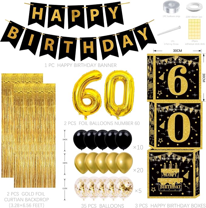 Gold 60th birthday decorations for men,3pcs birthday Decorations for Men boys black and gold Balloon Boxes Birthday Party Favors