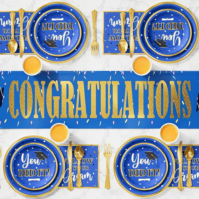 Ecomore Graduation Decorations Class of 2026, 350PCS Graduation Party Supplies Disposable Dinnerware(Serve 50) with Paper Plates Cup Napkin Fork Knife Spoon College High School Grad Decor(Blue & Gold)