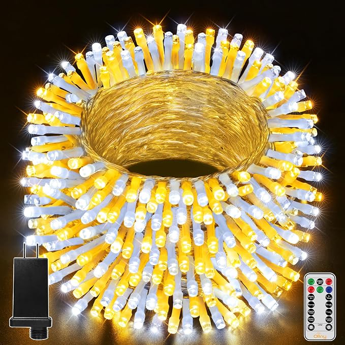 Ollny Warm White and Cool White Christmas Lights Waterproof, 400LED 131FT String Lights with Remote 3 Timer, Plug in 8 Modes Fairy Light for Xmas Tree Indoor Bedroom House Decorations