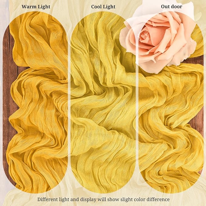 10 Pack Gold Cheesecloth Table Runner 17x108 Inch Semi Sheer Boho Gauze Cheese Cloth Table Runners, for Wedding Bridal Shower Birthday Party Home Decor Garden Farmhouse