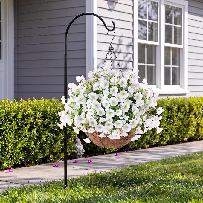 Sggvecsy Artificial Flowers for Outdoors with Baskets Hanging Plant Faux Flowers UV Resistant Fake Silk Morning Glory with Eucalyptus for Planter Porch Garden Home Spring Summer Decoration(White)
