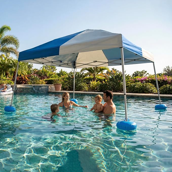 SUNJOY 10x10 FT Floating Pool Canopy Pop Up Gazebo, Gray and Navy Water Tent with Steel & Aluminum Frame, PVC Floats, Hand Pump & Carry Bag for Lake, Beach, Pool