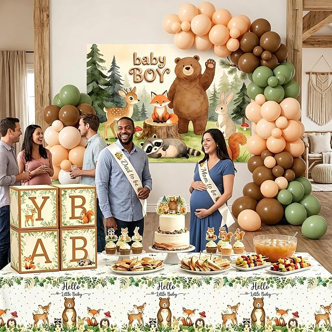 Woodland Baby Shower Decorations 140 PCS, Forest Animals Theme Party Supplies with 7x5ft Backdrop, Tablecloth, Balloon Arch Kit, Cake Toppers, Boxes, Mom to Be Sash, Baby Boy Shower Decorations