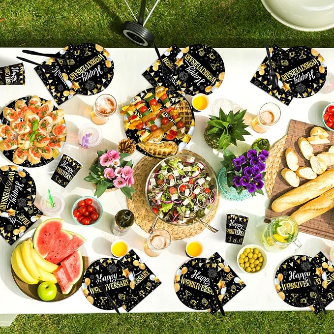 168Pcs Happy Workiversary Party supplies for Men Women, Serves 24 | Black Gold Happy Work Anniversary Plates and Napkins Cups Tableware Set for Worker Employee Appreciate Office Decorations