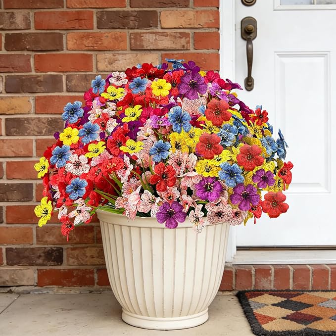 18 Bundles Artificial Flowers for Outdoor Indoor Fake Flowers uv Resistant Artificial Outside Flowers Faux Plastic Greenery for Porch Garden Home Wedding Spring Summer Patio Decor