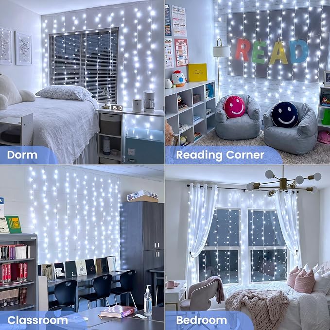 HEYFUNi 6.6FT x 6.6FT Cool White Curtain Lights Plug in, 200 LED | Window String Lights With Remote, 8 Modes, Timer, Memory, Connectable Fairy Lights for Bedroom Wall Wedding Dorm Decor, White