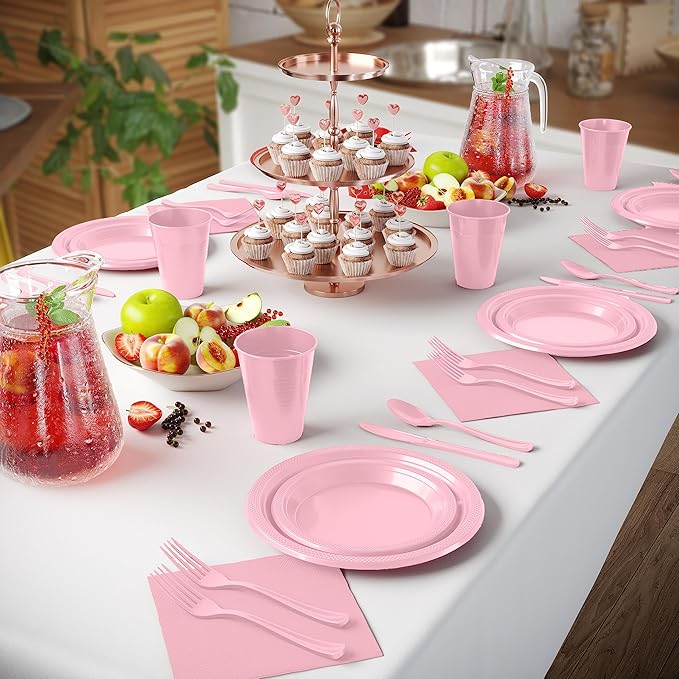 350 Pcs Pink Plastic Plates For Party, Pink Disposable Plates Set, 50 Of Each 9" Dinner Plate Set, 7" Dessert Plate, Cups, Napkins & Cutlery Plastic Dinnerware Set Exquisite