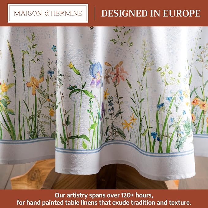 Maison d' Hermine Table Cloth Round Table 100% Cotton 63 Round Inches Tablecloth Reusable Decorative for Dining Kitchen Room Farmhouse Party Home Hotel Restaurant Spring Summer - Fleurs De Mai
