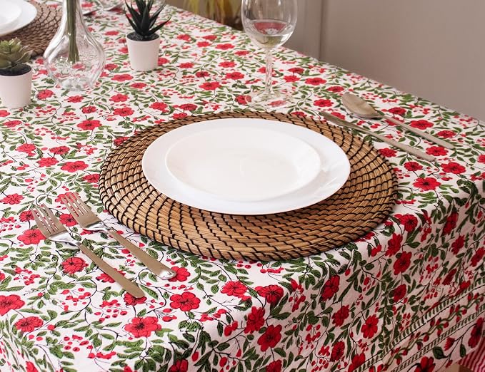 Block Print Table Cloth- 60x120 Inch Rectangle 100% Cotton Handmade Pre-Shrink, Washable for Spring, Kitchen & Dining Perfect for Patio, Indoor & Outdoor, Farmhouse