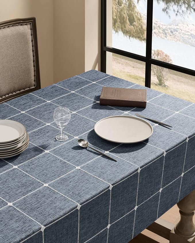 ZeeMart Grid Embroidered Hemmed Tablecloths, Navy Blue 60x104 Inch, Farmhouse Style Heavy Weight Cotton Linen Dark Blue Tablecloths, Boho Plaid Water Resistant Rectangle Table Cloth