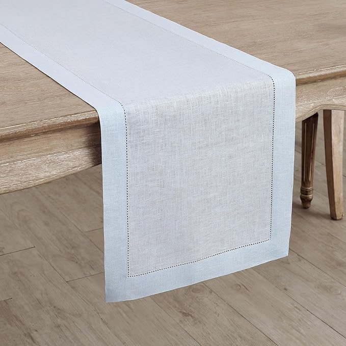 Solino Home Linen Light Blue Table Runner 144 Inches Long - 100% Pure Linen Extra Long Table Runner 14 x 144 Inch for Spring, Summer, Mothers Day - Classic Hemstitch