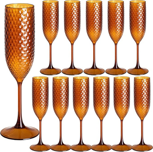 12 Pack Amber Plastic Champagne Flutes Mimosa Unbreakable Champagne Glasses Wedding Toasting Glasses 5.5 OZ Reusable Diamond Glasses Wine Cups Vintage Drinking Glasses for Wedding,Christmas,Party