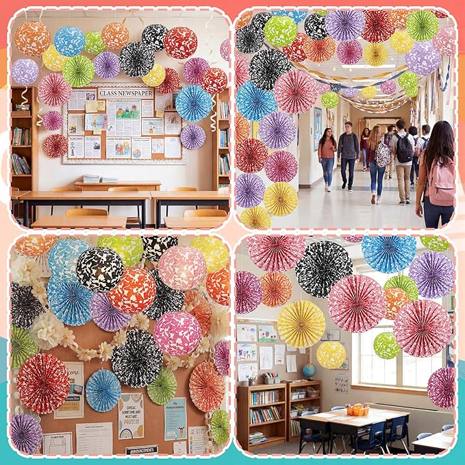 Wavwavw 18 Pcs Colorful Composition Paper Lanterns and Paper Fan Decorations Set, Composition Notebook Hanging Party Decorations Marble Garlands Bulletin Board Decor for Classroom Grad End of Year