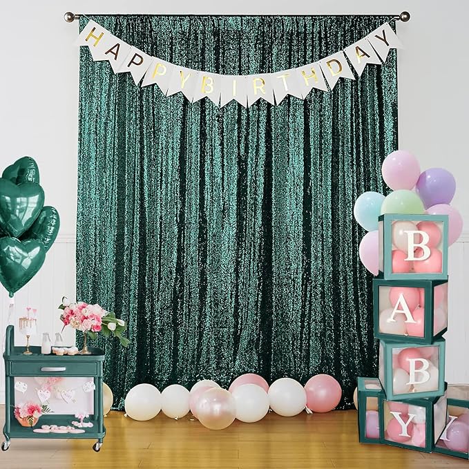 Sugargirl Dark Green Sequin Backdrop Curtain 4 Panels 2FTx8FT Glitter Dark Green Background Drapes Sparkle Photography Backdrop for Party Wedding Birthday Wall Decoration