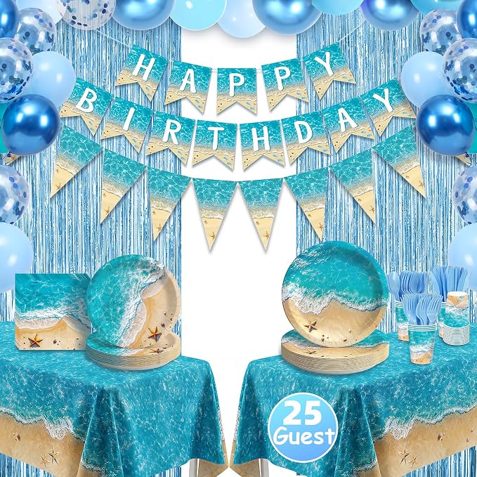Beach Birthday Party Decorations, Beach Party Supplies, Plates and Napkins Sets [300 GSM], Tablecloths, Fringe Curtains, Banner, Ocean Themed Party Decorations, Under The Sea Beach Party Decorations